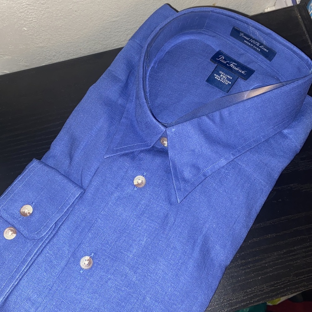 Brand new Paul Frederick 100% linen dress shirt. Blue 
color linen in a size xxl